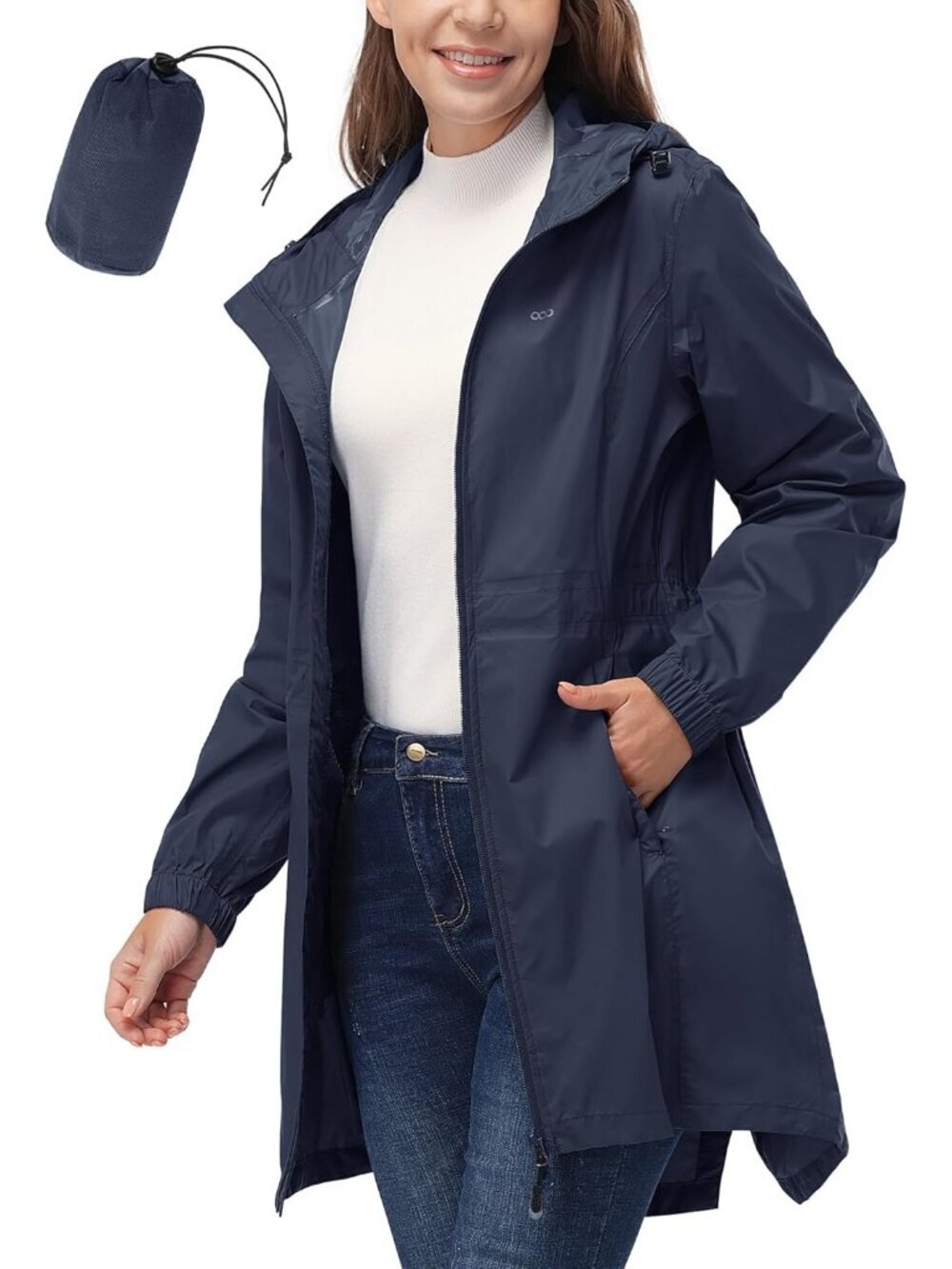 Women's Waterproof Long Packable Rain Jacket Deep Blue with Hood Trench Coats